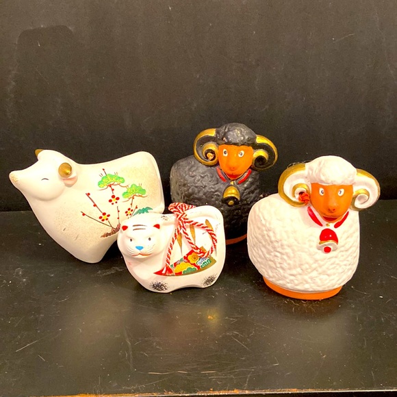 Group of 4 Japanese Chalk Porcelain Cow Cat and Lambs Figurines - Picture 1 of 7